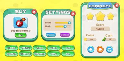 Casual Game UI menu popups with buttons and game assets vector