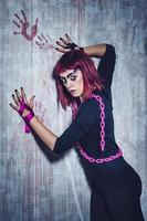 girl model in black with pink hair photo