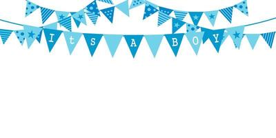 It is a boy baby shower concept with blue pennants hanging above. Vector illustration. Speech bubble with hi message. Party invitation with carnival flag garlands.
