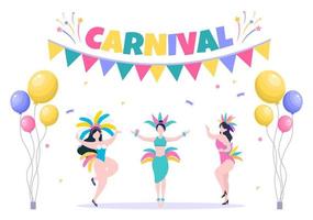 Ilustración de vector de fondo de celebración de carnaval feliz. festival de personas con fiesta colorida, confeti, baile, música y disfraces brillantes para póster