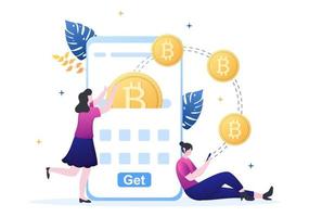 Cryptocurrency Wallet App on Mobile of Blockchain Technology, Bitcoin, Money Market, Altcoins or Finance Exchange with Credit Card in Flat Vector Illustration