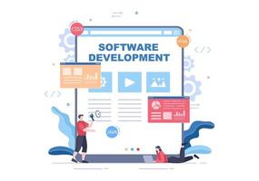 desarrollo de software y código de programación en la ilustración de vector de computadora para tecnología, equipo de ingenieros, codificación, material de marketing, negocios y presentación