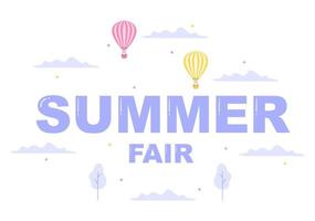 Summer Fair with Carnival, Circus, Funfair or Amusement Park. Landscape of Carousels, Roller Coaster, Air Balloon and Playground Vector Illustration