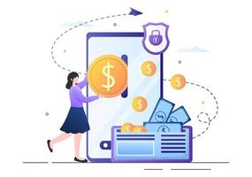 Cryptocurrency Wallet App on Mobile of Blockchain Technology, Bitcoin, Money Market, Altcoins or Finance Exchange with Credit Card in Flat Vector Illustration