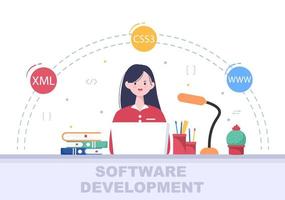 desarrollo de software y código de programación en la ilustración de vector de computadora para tecnología, equipo de ingenieros, codificación, material de marketing, negocios y presentación