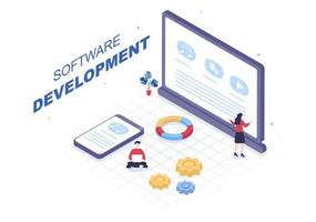 desarrollo de software y código de programación en la ilustración de vector de computadora para tecnología, equipo de ingenieros, codificación, material de marketing, negocios y presentación