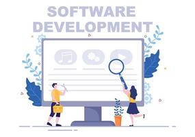 desarrollo de software y código de programación en la ilustración de vector de computadora para tecnología, equipo de ingenieros, codificación, material de marketing, negocios y presentación