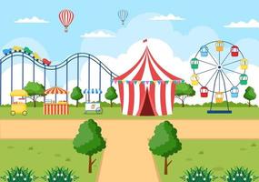 Summer Fair with Carnival, Circus, Funfair or Amusement Park. Landscape of Carousels, Roller Coaster, Air Balloon and Playground Vector Illustration