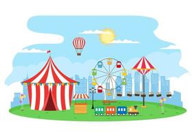 Summer Fair with Carnival, Circus, Funfair or Amusement Park. Landscape of Carousels, Roller Coaster, Air Balloon and Playground Vector Illustration