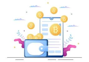 Aplicación de billetera de criptomonedas en dispositivos móviles de tecnología blockchain, bitcoin, mercado monetario, altcoins o intercambio financiero con tarjeta de crédito en ilustración vectorial plana vector