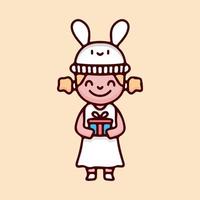 Kawaii little girl cartoon vector wearing bunny hat and holding gift boxes. Perfect for Nursery kids, greeting card, baby shower girl, fabric design.