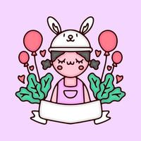 Kawaii little girl in bunny hat cartoon vector with balloons. Perfect for Nursery kids, greeting card, baby shower girl, fabric design.