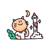 Kawaii cat cartoon vector with rocket launching. Perfect for Nursery kids, greeting card, baby shower girl, fabric design.