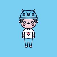 Kawaii kid boy cartoon vector wearing cat hat. Perfect for Nursery kids, greeting card, baby shower girl, fabric design.