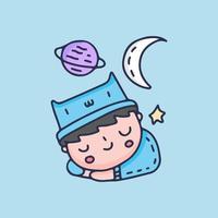 niño lindo con sombrero de gato duerme en la nube. ilustración para camisetas, carteles, logotipos, adhesivos o prendas de vestir. vector