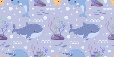 adorable shark and whale seamless pattern vector