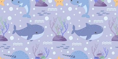 adorable shark and whale seamless pattern vector