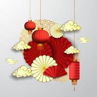 Happy chinese new year, red fan paper decoration hanging asian lantern traditional culture with red background vector