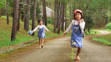 Two little sisters holding each other hands and running forward along the pine forest road on a sunny day. video