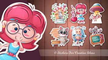 Set cartoon character sticker - elephant, girl, ufo, cow, raccoon, lamb, mouse, rat, tv.