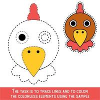 Color Chicken Face. Restore dashed lines. Color the picture elements. Page to be color fragments. vector