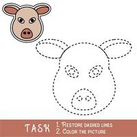 Drawing worksheet for preschool kids with easy gaming level of difficulty, simple educational game for kids one line tracing of Pig Face. vector