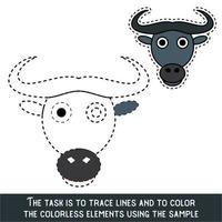 Color Buffalo Face. Restore dashed lines. Color the picture elements. Page to be color fragments. vector