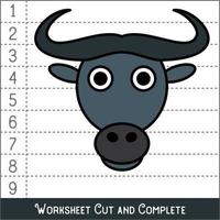 Worksheet. Game for kids, children. Math Puzzles. Cut and complete. Learning mathematics. Buffalo Face. vector