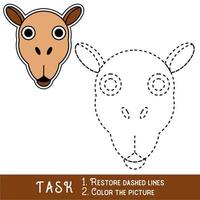Drawing worksheet for preschool kids with easy gaming level of difficulty, simple educational game for kids one line tracing of Camel Face. vector