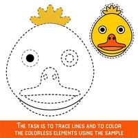 Color Duckling Face. Restore dashed lines. Color the picture elements. Page to be color fragments. vector