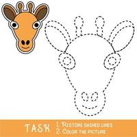 Drawing worksheet for preschool kids with easy gaming level of difficulty, simple educational game for kids one line tracing of Giraffe Face. vector