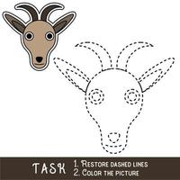 Drawing worksheet for preschool kids with easy gaming level of difficulty, simple educational game for kids one line tracing of Goat Face. vector