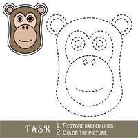 Drawing worksheet for preschool kids with easy gaming level of difficulty, simple educational game for kids one line tracing of Baboon Face. vector