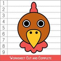 Worksheet. Game for kids, children. Math Puzzles. Cut and complete. Learning mathematics. Chicken Face. vector