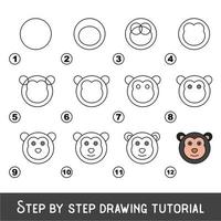 juego para niños para desarrollar habilidades de dibujo con un nivel de juego fácil para niños en edad preescolar, tutorial educativo de dibujo para cara de mono. vector