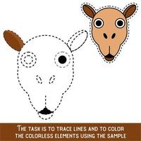 Color Camel Face. Restore dashed lines. Color the picture elements. Page to be color fragments. vector