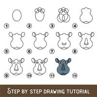 juego para niños para desarrollar habilidades de dibujo con un nivel de juego fácil para niños en edad preescolar, tutorial educativo de dibujo para cara de rinoceronte. vector