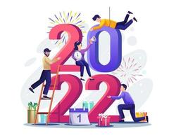 la gente celebra el año nuevo poniendo juntos los números 2022 uno encima del otro. ilustración vectorial plana vector