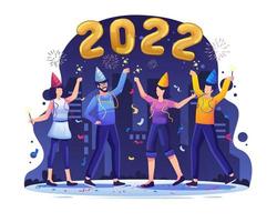 la gente feliz celebra el año nuevo 2022. hombres y mujeres jóvenes haciendo una divertida fiesta con números de globos y fuegos artificiales. ilustración vectorial plana