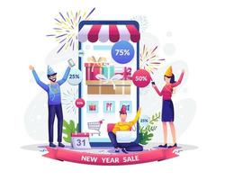 la gente hace compras en línea a través de sus dispositivos cerca de un teléfono inteligente gigante. diseño de concepto de compras, venta y descuento de año nuevo. ilustración vectorial plana vector