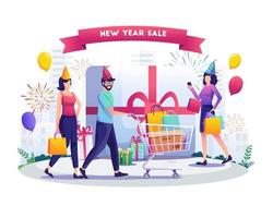 People doing shopping in order to celebrate the new year. New Year Shopping, Sale, and discount concept design. Flat vector illustration