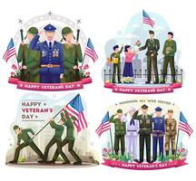 conjunto conjunto del día de los veteranos con veteranos del ejército de varias fuerzas que celebran, saludan y honran el día de los veteranos. ilustración vectorial plana vector
