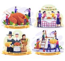 Set bundle of Thanksgiving Day with people cooking soup and men preparing pumpkin, enjoying a huge turkey celebrate thanksgiving. Flat vector illustration