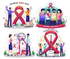 conjunto del día mundial del sida con personas de todo el mundo que celebran el día mundial del sida agitando una gran cinta roja. ilustración vectorial plana vector