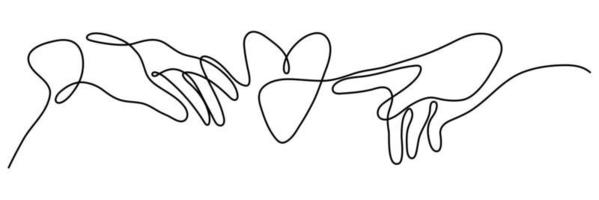 Continuous one line drawing. hands holding heart on white background. Black thin line of hand with heart image. vector