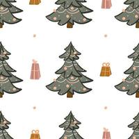 Seamless Christmas tree pattern with balls, garlands and boxes of gifts. Hand drawn vector background