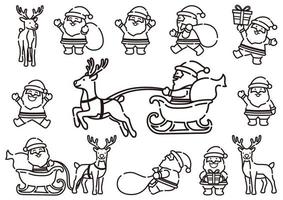 Funny Cartoonish Santa Claus And Reindeer Line Drawing Set In Dynamic Poses, Vector Illustration Isolated On A White Background.