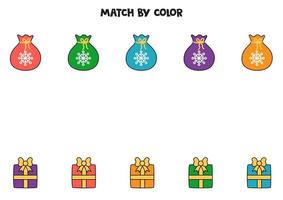 Color matching game for preschool kids. Match presents and bags by colors. vector
