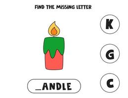Find missing letter with cartoon candle. Spelling worksheet. vector