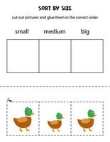 Sort pictures by size. Educational worksheet for kids. vector